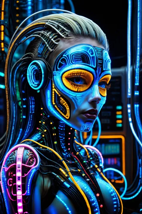 cyberpunk girl, cyberpunk cityscape, by aaron horkey, by H.R. Giger, cables, tubes, lights, displays, screens, 80's inspired,retro futurism, neon colors <lora:ral-ledlights:1> ral-ledlights, <lora:EnvyBetterHiresFixXL01:1>, masterpiece, best quality, ultra high res, (photorealistic, realistic:1.2), deep shadow, raw photo, film grain, Fujifilm XT3, 8k uhd, dslr