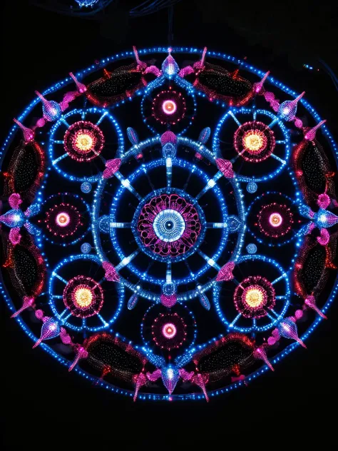 <lora:ral-ledlights-sdxl:1>, <lora:EnvyBetterHiresFixXL01:0:hr=1> Synchronized light show in the night sky performed by drones equipped with ral-ledlights, creating patterns and images.