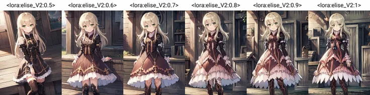 highres,ultra detailed,1girl,<lora:elise_V2:0.5>,elise,long hair,blonde hair,hair between eyes,green eyes,dress,frills,knee boots,smile,