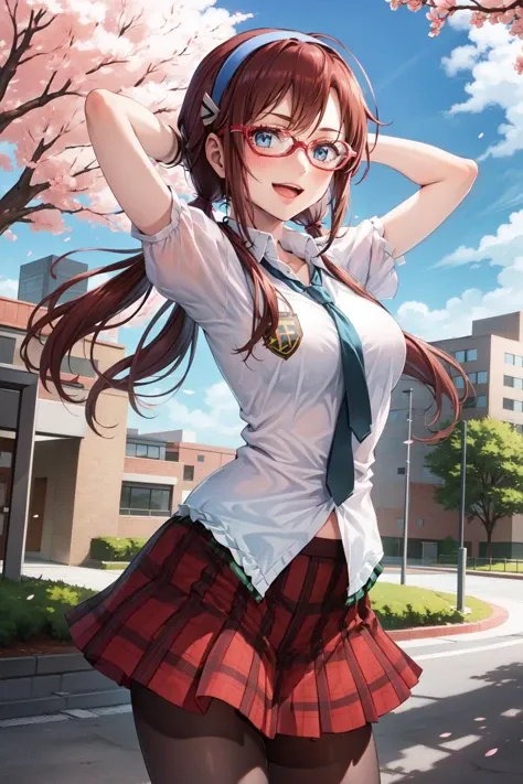 MikinamiPlug, 1girl, solo, long hair, brown hair, hairband, glasses, twintails, blue eyes, smile, medium breasts, red-framed eyewear, skirt, school uniform, necktie, plaid, plaid skirt, looking at viewer, open mouth, arms behind head, arms up, cowboy shot, pantyhose, thighhighs, zettai ryouiki, outdoors, day, clouds, cherry blossom trees, school, campus, buildings, frills
<lora:MikinamiPlug:0.8>