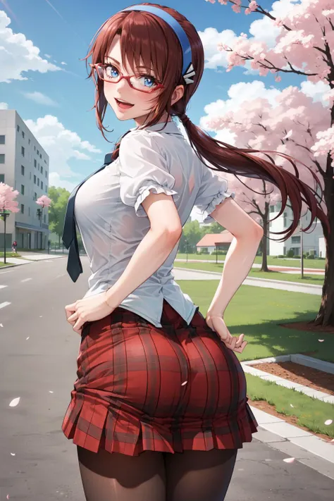 MikinamiPlug, 1girl, solo, long hair, brown hair, hairband, glasses, twintails, blue eyes, smile, medium breasts, red-framed eyewear, skirt, school uniform, necktie, plaid, plaid skirt, looking at viewer, open mouth, cowboy shot, pantyhose, thighhighs, zettai ryouiki, outdoors, day, clouds, cherry blossom trees, school, campus, buildings, frills, looking back, from behind, ass focus, buttocks, big ass, hands in hips,
<lora:MikinamiPlug:0.8>