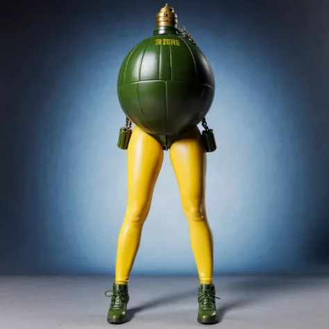 <lora:withlegs04:1>, realistic photo of a hand grenade, with female legs, high quality, masterpiece, highly detailed, dark studio