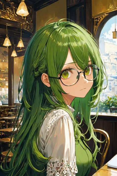 {best quality}, {{masterpiece}}, {highres}, original, {ultra-detailed},
cafe,
(delicate),(alternate hairstyle), graceful,
cafe,
1girl, mid-age female,mature female,detailed face,detail eyes, detailed hair, graceful, green hair, (dark persona), golden eyes, glasses, long hair, looking back, looking at viewer, clear face, expressionless,
