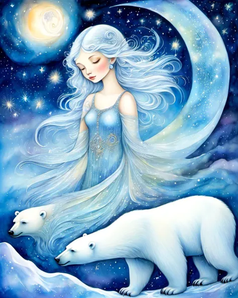 1girl, kawaii
night polar bear fantasy zodiac
watercolor painting by Amanda Clark Josephine Wall 
(masterpiece, best quality)