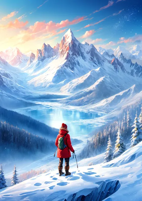 absurdres, highres, ultra detailed, hdr, panoramic, vibrant colors, (1person:1.5), majestic WINTERSCAPE frost-covered landscape, snow-capped mountains, frozen lake, sparkling icicles, gentle snowfall, untouched wilderness, solitary figure in a red jacket standing atop a hill, peaceful serenity, breath visible in the cold air