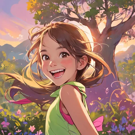 young girl exudes vibrant energy with big smile, early morning