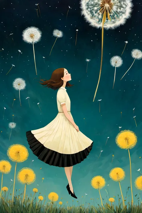 poster of 1 young woman, floating in the sky , sit on a Dandelion, crossed leg,
perspective, wide angle,
(masterpiece, best quality, art by Amy Earles Catherine Hyde)