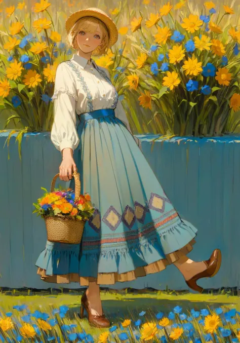 A girl in a dress holding a basket of flowers, blue skirt, white shirt, straw hat, long sleeves, brown high heels, short blonde hair