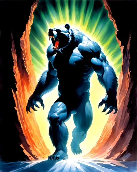a bear head man from Altered Beast, detailed, wave the paw , dramatic lighting from below, shadow, glowing aura, watercolor painting art by Alex Ross