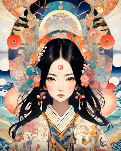 ((poster of 1 japanese woman)), official art, unity 8k wallpaper, ultra detailed, beautiful and aesthetic, masterpiece, best quality, realistic, zentangle, mandala, tangle, entangle, fractal art, extremely detailed, dynamic angle, the most beautiful form of chaos, elegant, a brutalist designed, vivid colors, romanticism, silk,
Hiroshi Yoshida Italo Calvino Hilma af Klint