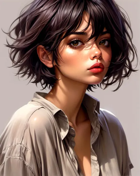 1girl , Latino, messy short hair, (( lip biting, seductive ))
oversized shirt
leaning forward
realistic,