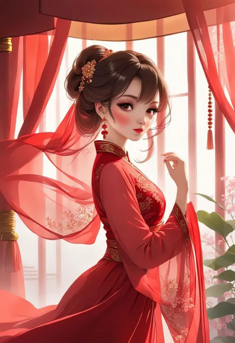 (super detailed), (beautiful background, detailed background),One girl, beautiful woman, pink skin, light earrings, curtains floating in wind, wearing red see-through traditional Chinese wedding red dress