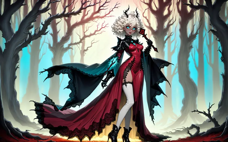 full body photo of woman standing in enchanted forest carrying glowing glaive,(perfect face, photoshoot, studio lighting,couture:1.1),(18 years old, large breasts, cleavage, skinny, slender, young woman:1.3),(Oval-shaped face, luminous complexion, Bright almond-shaped aqua eyes, Arched defined eyebrows, small upturned nose, cupid's bow lips:1.2),(backlit curly layered white medium hair:1.3),regal neckline,(majestic yet malevolent queen),(deep crimson gown:1.3),intricate black lace detailing,long flowing sleeves with tattered edges,high collar framing the face,blood-red gemstone necklace,(sinister elegance),black leather gloves,thigh-high boots with spiky heels,nightmarish elements,twisted seduction,(panty peek:1.4),subsurface scattering,backlit,volumetric lighting,(dark fantasy realm),eerie moonlit forest,twisted trees,gnarled branches,mist swirling around,