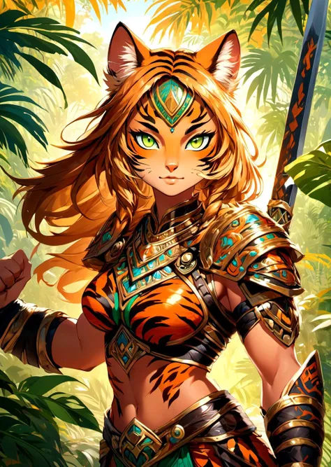 absurdres, highres, ultra detailed, Feline warrior, tigress woman with vibrant orange and black fur, fierce expression, captivating almond-shaped green eyes, sinewy muscles, adorned in golden armor with intricate tribal patterns, wielding a curved sword with deadly precision, amidst a lush jungle backdrop, sunlight filtering through dense foliage, casting enchanting shadows on her form.