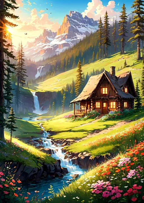 absurdres, highres, ultra detailed, A picturesque meadow with vibrant wildflowers blanketing the landscape, stretching as far as the eye can see. A magnificent waterfall cascades down a steep cliff, its crystalline waters reflecting the sunlight. A lone deer grazes peacefully nearby, its majestic antlers silhouetted against the sky. The air is filled with the sweet scent of blooming roses, and butterflies of all colors dance whimsically from flower to flower. In the distance, a small wooden cabin nestled amongst towering pine trees exudes a cozy warmth.