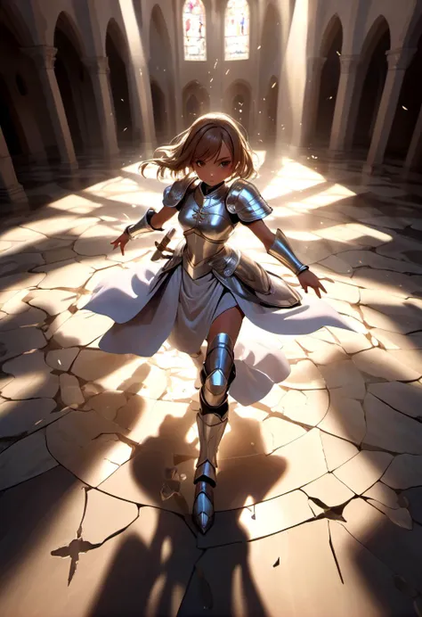 1 young woman, priest warrior, robe armor, 
battle stance,  closeup , kawaii
church,   shattered floor
shadows, dramatic lighting , god ray, 
detailed ,  surreal
perspective, from above  
 (masterpiece, best quality, )
