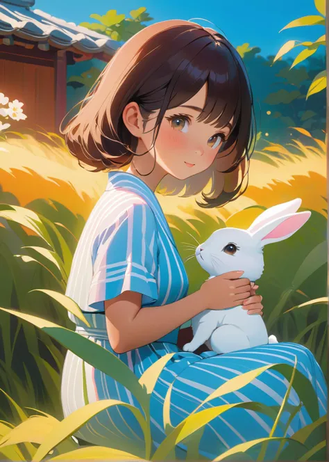 A cozy summer oil painting portrait of japanese girl with rabbit style by Atey Ghailan, the air is warm and still, and the only sound is the gentle chirping of crickets, feel safe and loved, detailed eyes, perfect eyes, The scene is peaceful and nostalgic, and it brings a smile to your face.