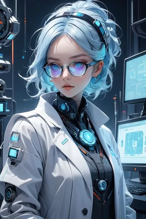 (Groundbreaking Digital Artwork:1.3) of (Detailed illustration:1.3) of ((A tech-savvy genius with futuristic glasses, a holographic interface, and a lab coat. Futuristic blues, holographic colors, and scientific patterns. Intelligent and inventive.:1.3)), character focus, concept art, <lora:add-detail-xl:.5>, <lora:mecha-000009 (1):0.6> mechanical style, solo, science fiction, 1girl, <lora:cyborg_style_xl-alpha:0.6> cyborg style,CGSociety,ArtStation