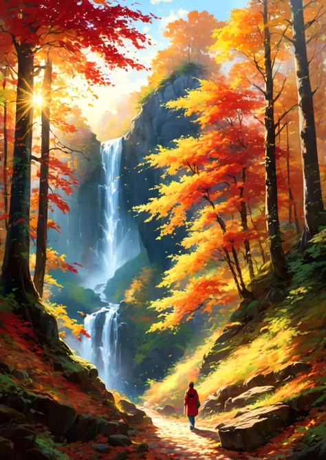 absurdres, highres, ultra detailed, Picture of a serene woodland scene, with vibrant autumn colors. The landscape features a winding path covered in fallen leaves, leading towards a picturesque waterfall nestled among tall trees. Rays of golden sunlight filter through the foliage, casting a warm glow on the scene. A solitary figure in a red coat stands on a rocky outcrop, admiring the breathtaking view. The attention to detail in the foliage and the play of light adds depth and realism to the artwork.