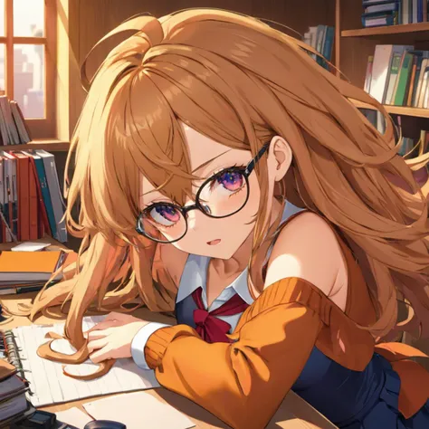 anime artwork (masterpiece,best quality, ultra realistic, 32k, detailed skin, 8k uhd, high quality:1.3), a lewd lady with long messy hair, wearing glasses and tight skirt with pantyhose, nose blush, half-closed eyes, open mouth, lying on her desk, back down, spread her legs, front view, full body, solo . anime style, key visual, vibrant, studio anime,  highly detailed