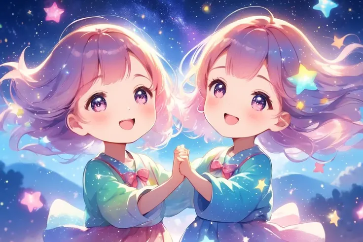 cute kawaii mochi, Starry Sky Background, (2 female:1.2), Dancing in the mood, focus on girl, bright and colorfull, particles of light dance in the air, close up