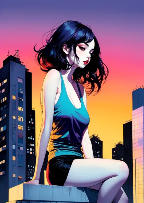 1girl,
cleavage
tank top
sit
top of the buildings
gradient color, shadow
detailed
(art by
Harumi Hironaka,)