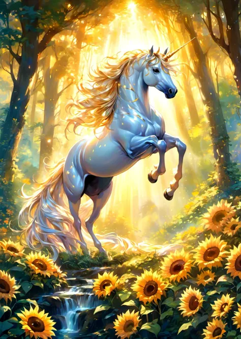 absurdres, highres, ultra detailed, In a lush enchanted forest, a majestic unicorn with a shimmering silver coat and a single golden horn gallops gracefully through a sun-dappled glade. Its mane and tail flow like a river of silken moonlight, radiating a soft ethereal glow. Sunflowers, as tall as houses, bloom in vibrant colors around the magical creature. Rays of golden sunlight pierce through the trees, casting a warm glow onto the unicorn's powerful form.