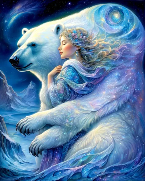 1 woman by Josephine Wall night polar bear fantasy realistic (masterpiece, best quality)