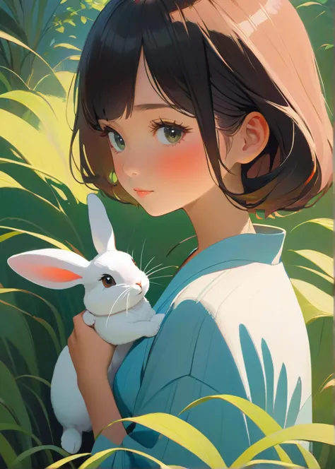 A cozy summer oil painting portrait of japanese girl with rabbit style by Atey Ghailan, the air is warm and still, and the only sound is the gentle chirping of crickets, feel safe and loved, detailed eyes, perfect eyes, The scene is peaceful and nostalgic, and it brings a smile to your face.