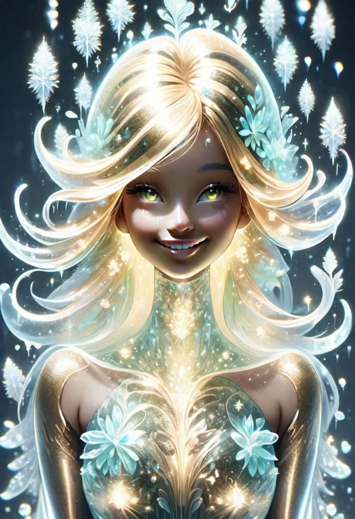 FrostedStyle, beautiful , full body, plush skin, smiling cute and happy, fantasy, subsurface scattering, perfect anatomy, glow, bloom, bioluminescent liquid, zen style, cinematic still, vibrant, volumetric light (masterpiece, top quality , best Quality, beauty and aesthetics: 1.2), (1girl), extremely detailed, gold hair, detailed eyes, light particles, lop ears Bunny girl, perfect body, five fingers, perfect hands, (spark green eyes), very long hair, (white long furry dress, Santa hat:1.5), ((christmas)) background, sparkling, stars