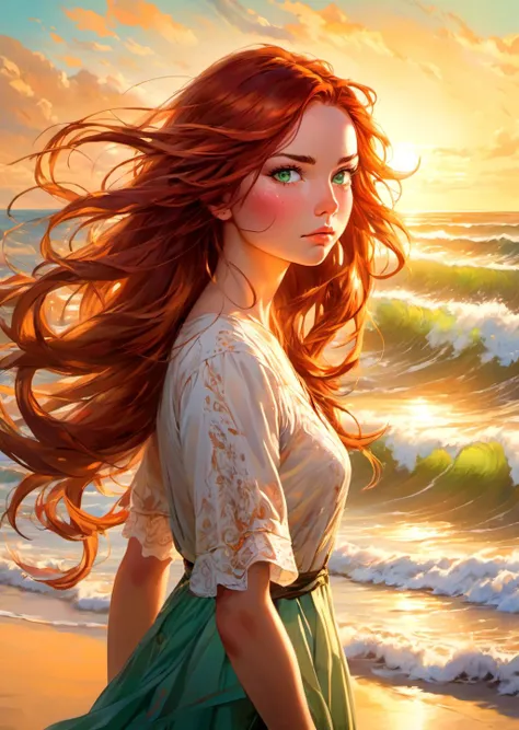 absurdres, highres, ultra detailed, (masterpiece, high resolution) On a sandy beach, a young woman with long flowing red hair stands in a dramatic pose, facing the crashing waves. She wears an elegant white dress that billows in the wind. The golden sun is just beginning to set, casting a warm glow across the scene. The woman's piercing green eyes are filled with determination as she gazes into the distance, her expression a mix of bravery and curiosity.
