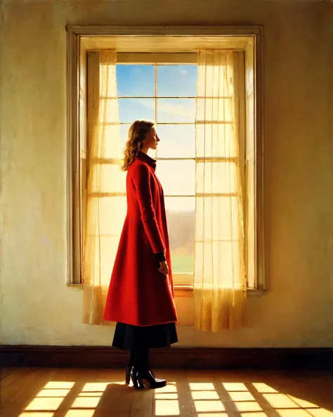 1 woman coat windows dramatic lighting rim light Andrew Wyeth Oleg Oprisco (best quality, masterpiece, photorealistic)