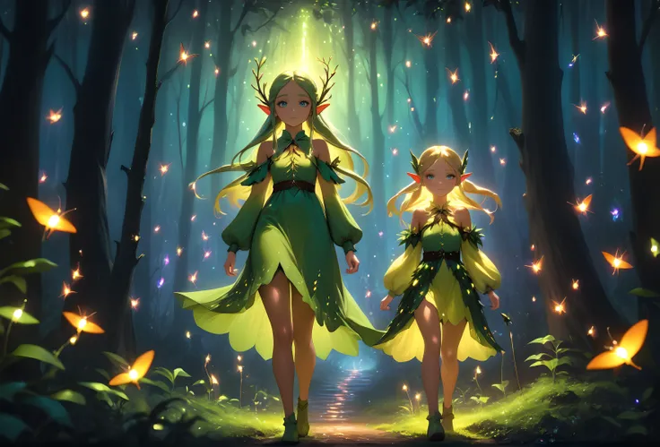 elf girl walking through a fantasy forest, nighttime, fireflies, magical vibes, colorful, highly detailed, masterpiece, 4k