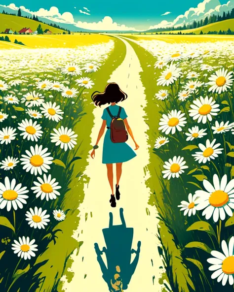 1 woman, (detailed face, walking forward), countryside road trip movie poster, masterpiece, best quality, field of daisy, vibrant, happy,
art by Genndy Tartakovsky