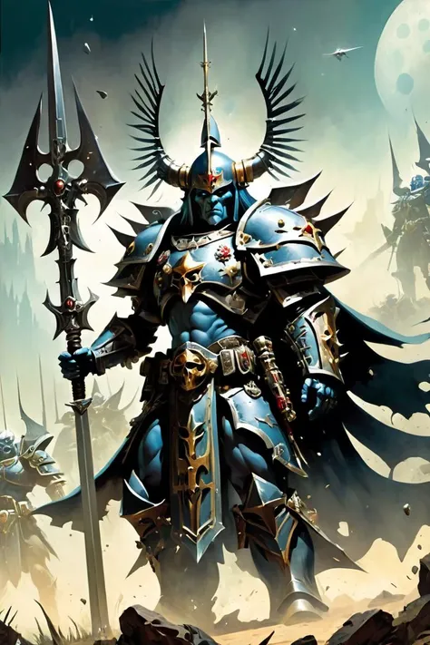 (Imaginary Painting:1.3) of (Graphic novel:1.3) of (Warhammer 40k:1.3), Dark Eldar Archon, Elaborate armor adorned with trophies, wielding a huskblade and commanding a shadow field, (art by Simon Bisley:1.5) and (art by Frank Frazetta:1.4) , <lora:EnvyCyborgXL01:0.4>, <lora:FaeTastic2:.5>