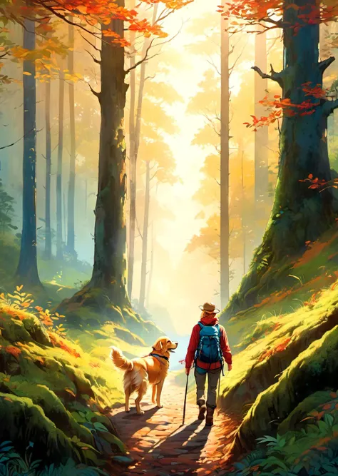 absurdres, highres, ultra detailed, '(vibrant colors:1.2),(high contrast:1.2),(detailed textures:1.2),(close-up view:1.1),<scenery:ScenicNature:0.8>, a misty forest bathed in the glow of morning light. A solitary hiker, dressed in earth-toned attire, stands at a crossroads, contemplating the path ahead. Tall, ancient trees rise majestically, adorned with moss and colorful leaves. Birds chirp harmoniously, and a gentle breeze rustles the foliage. The hiker's faithful companion, a loyal golden retriever, waits patiently by their side. AI is SB.'