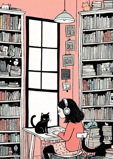 1 girl ,  
headphone
reading
bookshelves
desk
cat
windows
dim light
by Gemma Correll