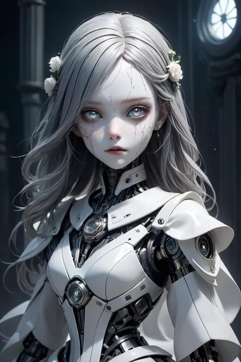 (Groundbreaking Digital Artwork:1.3) of (Detailed illustration:1.3) of ((A creepy, life-sized doll with cracked porcelain skin and haunting, glassy eyes. Doll-like whites, cracked grays, and ghostly glows. Uncanny and cursed.:1.3)), character focus, concept art, <lora:add-detail-xl:.5>, <lora:mecha-000009 (1):0.6> mechanical style, solo, science fiction, 1girl, <lora:cyborg_style_xl-alpha:0.6> cyborg style,CGSociety,ArtStation