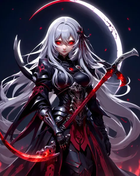 The image depicts a character with silver hair and red eyes., emanating a powerful and dark aura. She is dressed in intricate black armor, adorned with red accents that suggest high rank or status. The armor appears to be made of overlapping plates or scales, giving it a formidable and almost draconian appearance. In your hand, she holds a large sword that seems to radiate a sinister energy, with the blade emitting an intense red glow that contrasts sharply with the dark scenery.
The background is shrouded in shadows, enhancing the character's menacing vibe, who remains confident in the midst of this darkness. Your hair flows wildly, as if they were caught by an invisible wind. Her expression is one of pure satisfaction or malice, displaying a row of sharp teeth that contribute to its intimidating presence.
This image shows an animated character that could be from a video game or graphic novel., which makes it interesting due to the detailed art and strong visual impact.
Here is the prompt for creating the image: “Create a replica of the female character with silver hair and red eyes, wearing detailed black armor with red accents, holding a large sword with bright red blade. The character is smiling with his mouth open, displaying sharp teeth, which contributes to the menacing and beautiful aesthetic. The background is dark, with subtle touches of red, complementing the overall dark and striking theme of the artwork