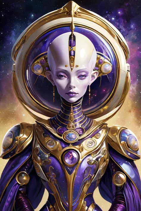 (Imaginative Painting:1.3) of (Ultra detailed:1.3) of ((A regal alien diplomat with elegant attire, unique markings, and cosmic accessories. Extraterrestrial hues, cosmic purples, and diplomatic golds. Diplomatic and otherworldly.:1.3)), Painting, super resolution, ultra hd, megapixel,,(by Artist Joseph Leyendecker:1.3),(by Artist Shigenori Soejima:1.3)