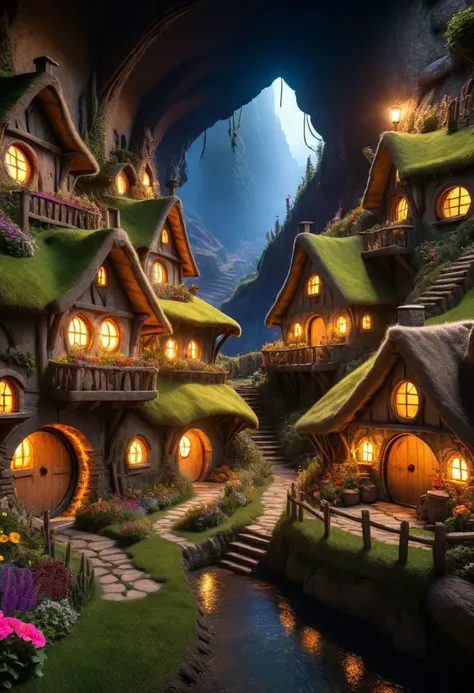 Cinematic Lighting riverside hobbit village full of farms and hobbits with gardens and flowers intricately detailed, true masterpiece, 8k, hdr, vibrant neon, led rgb studio quality OverallDetail