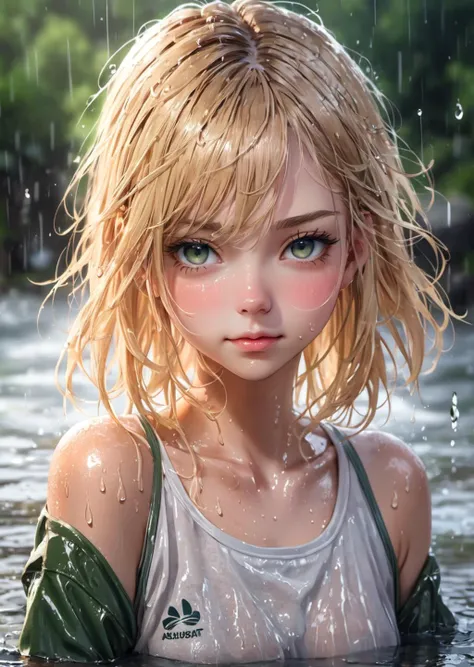 (1girl:0.5)(bare_shoulders:0.7)(blonde_hair:1.1)(blush:0.5)(green_eyes:0.3)(looking_at_viewer:0.7)(solo:0.4)(sweat:1.2)(wet:0.1)(wet_clothes:0.8), delicate balance, absurdres, highres, ultra detailed