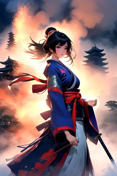 1girl , samurai, japan, castles battle stance 
 (surrounded by fog and smoke:1.1),(dynamic smoke anywhere:1.4)
(best quality, masterpiece)
(detailed skin, Glowing ambiance, enchanting radiance, luminous lighting, ethereal atmosphere, mesmerizing glow, evocative hues, captivating coloration, dramatic lighting, enchanting aura),
absurdres, highres, ultra detailed,  
(art by  Noriyoshi Ohrai	)