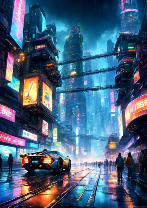 absurdres, highres, ultra detailed, Picture of a futuristic cityscape at night, cyberpunk theme, neon lights illuminating skyscrapers, flying cars zipping through the sky, a humanoid robot standing tall on a rooftop, bustling streets filled with people wearing high-tech fashion, holographic advertisements showcasing advanced technology, towering billboards displaying futuristic brands, steam rising from sewer grates, rain pouring down, reflections of the city on wet pavement, moody atmosphere, highly detailed city architecture, painted in a realistic style.