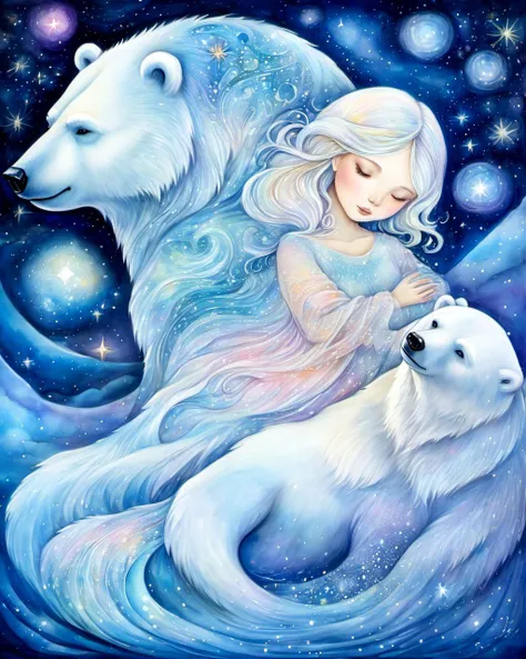 1girl, kawaii
night polar bear fantasy zodiac
watercolor painting by Amanda Clark Josephine Wall 
(masterpiece, best quality)