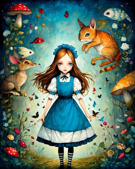 1girl,
alice in wonderland ,
blue dress,white apron ,
(art by Andy Kehoe )
absurdres, highres, ultra detailed, bold contrasts, flat colors, modern aesthetic
