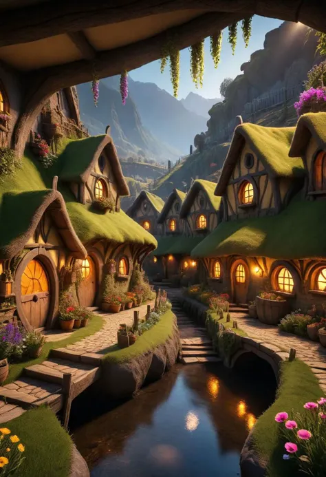 Cinematic Lighting riverside hobbit village full of farms and hobbits with gardens and flowers intricately detailed, true masterpiece, 8k, hdr, vibrant neon, led rgb studio quality OverallDetail