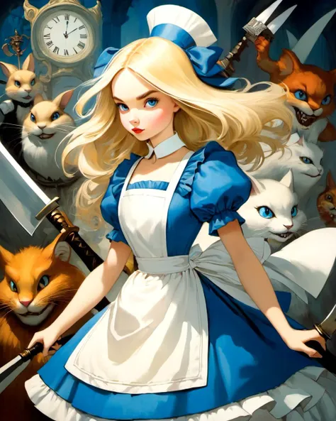 1 young woman,
alice in wonderland , blonde
blue dress,white apron ,
weapons, fighting monsters
(masterpiece, best quality, art by Bill Carman)