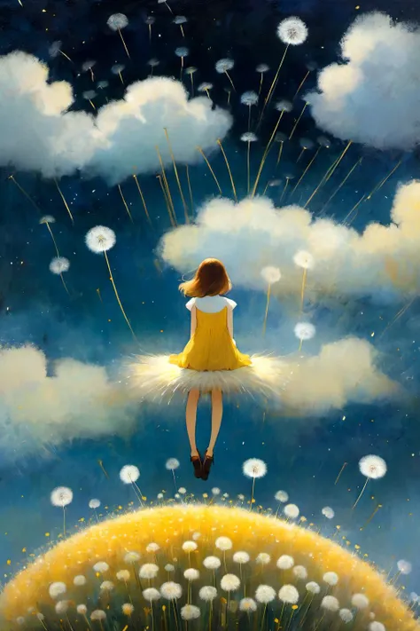 poster of 1  young woman,  kawaii,  floating in the sky ,  sit on a Dandelion, crossed leg, 
perspective, wide angle, 
 (masterpiece, best quality, art by  Catherine Hyde)