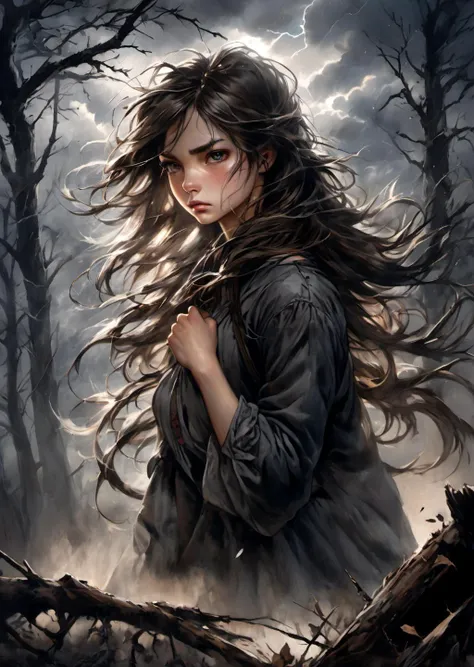 absurdres, highres, ultra detailed, dramatic portrait, skilled artist, black and white, mysterious atmosphere,charcoal drawing, lone wolf (animal), haunting expression in eyes, moonlight cascading through trees, hidden secrets, fallen leaves on the ground, wisps of fog, hint of danger, rugged landscape, female protagonist, elegant dress, wind-swept hair, clenched fists, determination, foreboding storm clouds, lightning in the distance, abandoned cabin, cracked window, broken mirror, shattered dreams, resilience.